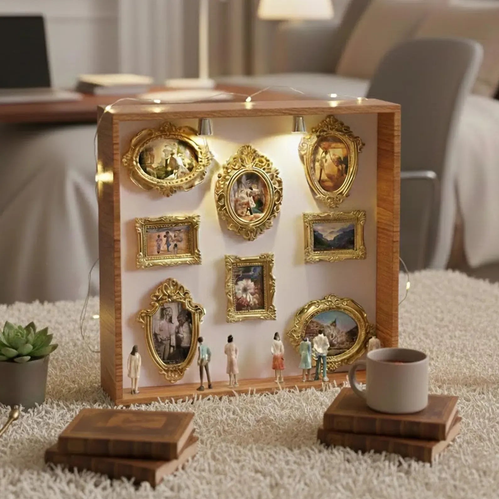 Miniature photo museum displayed in a shadow box